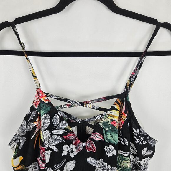 A. Calin Black Floral Stretch Shorts Romper w/ Open Front Maxi Overlay Dress L - Picture 5 of 11